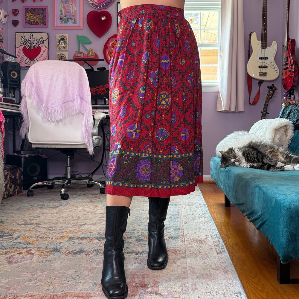 Vintage 90s red whimsical / boho midi skirt